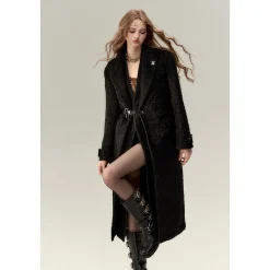 Via Pitti Fake-2-Piece Thicken Long Fleece Coat Black