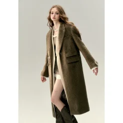 Via Pitti Fake-2-Piece Thicken Long Fleece Coat Brown