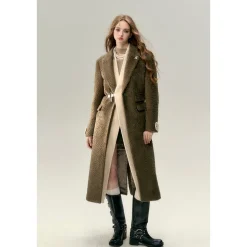 Via Pitti Fake-2-Piece Thicken Long Fleece Coat Brown