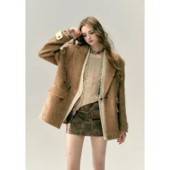 Via Pitti Fake-2-Piece Thicken Fleece Blazer Brown