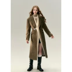 Via Pitti Fake-2-Piece Thicken Long Fleece Coat Brown