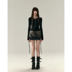 Via Pitti Fake-2-Piece Tie Denim Skirt