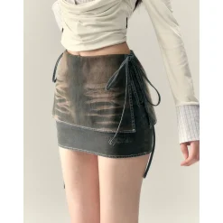 Via Pitti Fake-2-Piece Tie Denim Skirt
