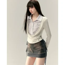 Via Pitti Fake-2-Piece Tie Denim Skirt