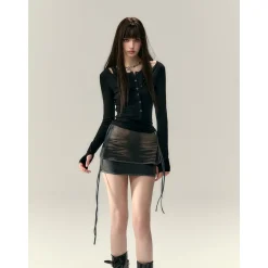 Via Pitti Fake-2-Piece Tie Denim Skirt