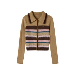 Via Pitti Fluffy Colour Striped Zip Up Woollen Top Camel