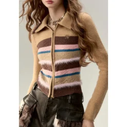 Via Pitti Fluffy Colour Striped Zip Up Woollen Top Camel