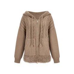 Via Pitti Fuzzy Edge Hooded Twist Knit Zipped Cardigan Brown