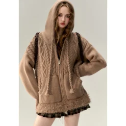 Via Pitti Fuzzy Edge Hooded Twist Knit Zipped Cardigan Brown