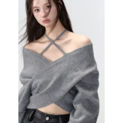 Via Pitti Halter Straps Crossed Knit Top Grey