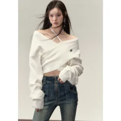 Via Pitti Halter Straps Crossed Knit Top White