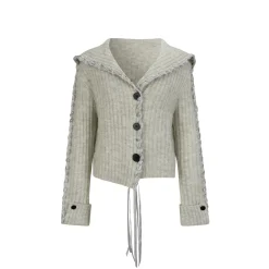 Via Pitti Heavy Big Lapel Ribbon Knit Cardigan Light Gray