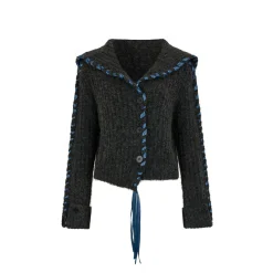 Via Pitti Heavy Big Lapel Ribbon Knit Cardigan Dark Grey