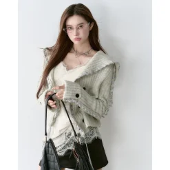 Via Pitti Heavy Big Lapel Ribbon Knit Cardigan Light Gray