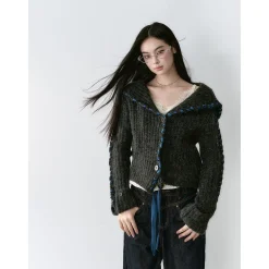 Via Pitti Heavy Big Lapel Ribbon Knit Cardigan Dark Grey