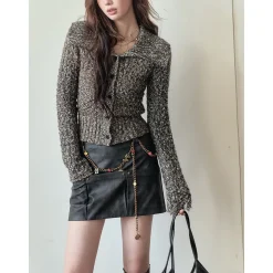 Via Pitti Heavy Lapel Short Knit Cardigan Dark Brown