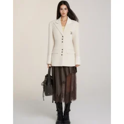 Via Pitti Heavy Patchwork Waisting Mid-Length Coat Beige