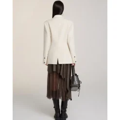 Via Pitti Heavy Patchwork Waisting Mid-Length Coat Beige