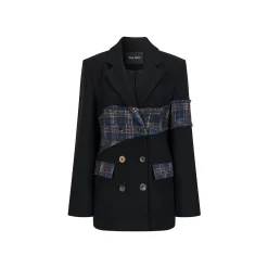 Via Pitti Heavy Plaid Patchwork Mid-Length Coat Black