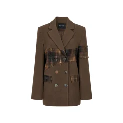 Via Pitti Heavy Plaid Patchwork Mid-Length Coat Brown