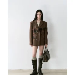 Via Pitti Heavy Plaid Patchwork Mid-Length Coat Brown
