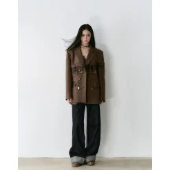 Via Pitti Heavy Plaid Patchwork Mid-Length Coat Brown