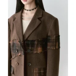 Via Pitti Heavy Plaid Patchwork Mid-Length Coat Brown