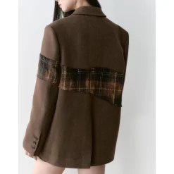 Via Pitti Heavy Plaid Patchwork Mid-Length Coat Brown