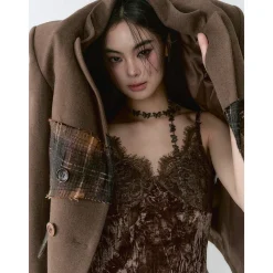 Via Pitti Heavy Plaid Patchwork Mid-Length Coat Brown