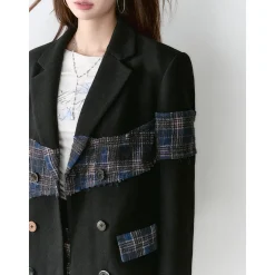 Via Pitti Heavy Plaid Patchwork Mid-Length Coat Black