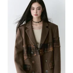 Via Pitti Heavy Plaid Patchwork Mid-Length Coat Brown