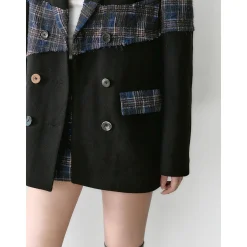 Via Pitti Heavy Plaid Patchwork Mid-Length Coat Black
