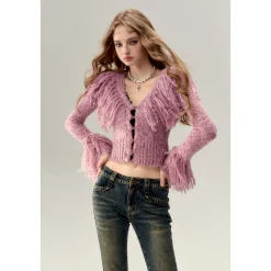 Via Pitti Heavy Tassel Knit Cardigan Purple