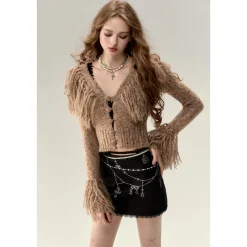 Via Pitti Heavy Tassel Knit Cardigan Dark Khaki