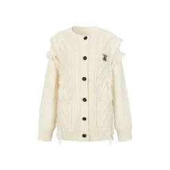 Via Pitti Heavy Twist Metal Logo Knit Cardigan Beige