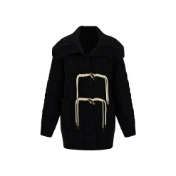 Via Pitti Horn Button Twisted Knit Cardigan Black