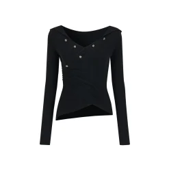 Via Pitti Irregular Button Hooded Woolen Top Black