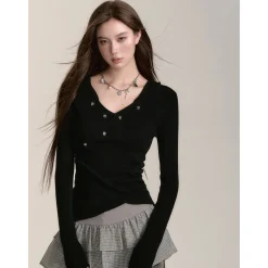 Via Pitti Irregular Button Hooded Woolen Top Black