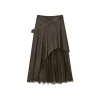 Via Pitti Irregular Lace Patchwork Leather Skirt Brown