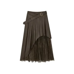 Via Pitti Irregular Lace Patchwork Leather Skirt Brown