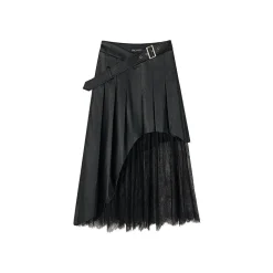 Via Pitti Irregular Lace Patchwork Leather Skirt Black