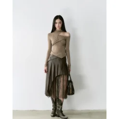 Via Pitti Irregular Lace Patchwork Leather Skirt Brown