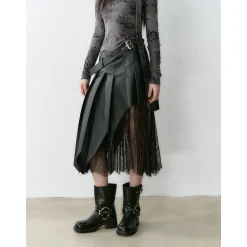 Via Pitti Irregular Lace Patchwork Leather Skirt Black