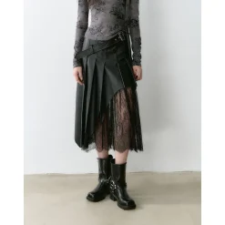Via Pitti Irregular Lace Patchwork Leather Skirt Black