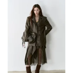 Via Pitti Irregular Lace Patchwork Leather Skirt Brown