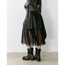 Via Pitti Irregular Lace Patchwork Leather Skirt Black