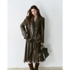 Via Pitti Irregular Lace Patchwork Leather Skirt Brown