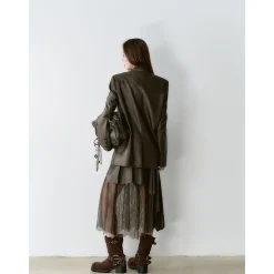Via Pitti Irregular Lace Patchwork Leather Skirt Brown