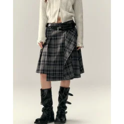 Via Pitti Irregular Plaid Loose Skirt Gray