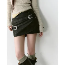 Via Pitti Irregular Rose Rivet Leather Skirt Black